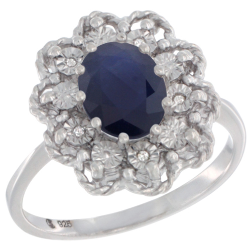 Sterling Silver Natural Blue Sapphire Ring Oval 8x6, Diamond Accent,, sizes 5 - 10