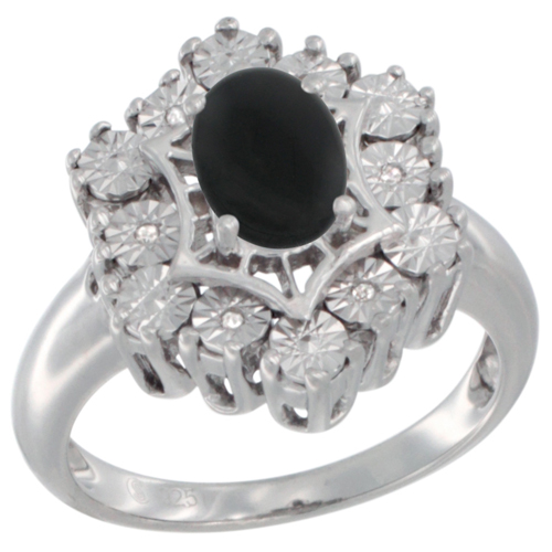 Sterling Silver Natural Black Onyx Ring 7x5 Oval Illusion Diamonds Rhodium finish, sizes 5 - 10