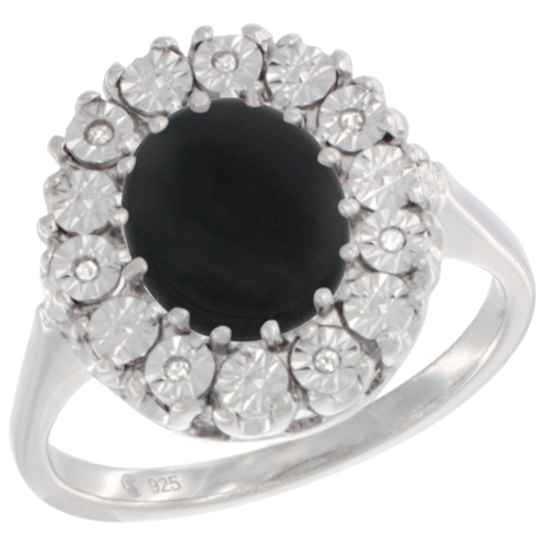 Sterling Silver Natural Black Onyx Ring Oval 9x7, Diamond Accent, sizes 5 - 10