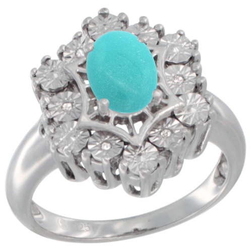 Sterling Silver Natural Turquoise Ring 7x5 Oval Illusion Diamonds Rhodium finish, sizes 5 - 10