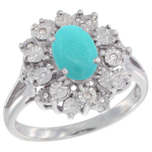Sterling Silver Natural Sleeping BeautyTurquoise Ring Oval 8x6, Diamond Accent, sizes 5 - 10