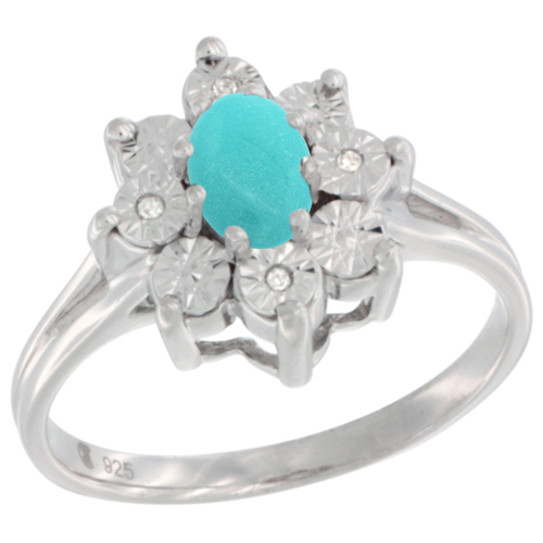 Sterling Silver Natural Sleeping BeautyTurquoise Ring Oval 6x4, Diamond Accent, sizes 5 - 10