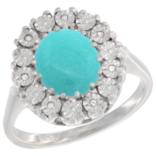 Sterling Silver Natural Sleeping BeautyTurquoise Ring Oval 9x7, Diamond Accent, sizes 5 - 10