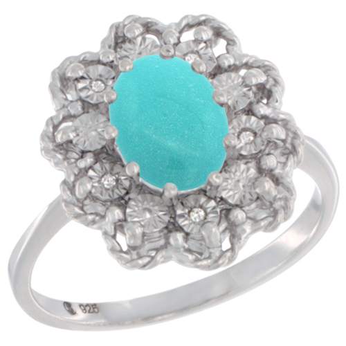 Sterling Silver Natural Sleeping BeautyTurquoise Ring Oval 8x6, Diamond Accent,, sizes 5 - 10