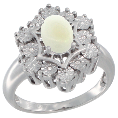 Sterling Silver Natural Opal Ring 7x5 Oval Illusion Diamonds Rhodium finish, sizes 5 - 10