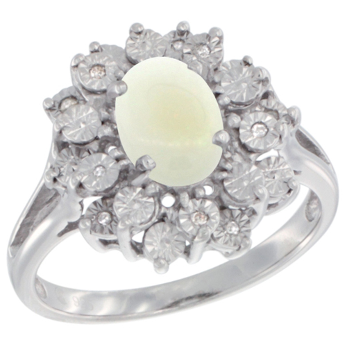 Sterling Silver Natural Opal Ring Oval 8x6, Diamond Accent, sizes 5 - 10