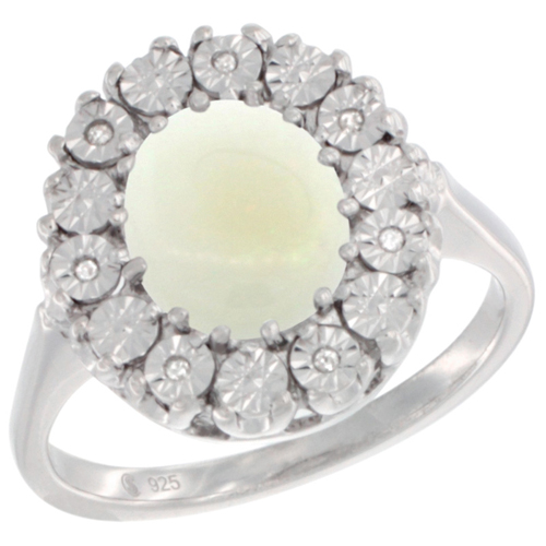 Sterling Silver Natural Opal Ring Oval 9x7, Diamond Accent, sizes 5 - 10