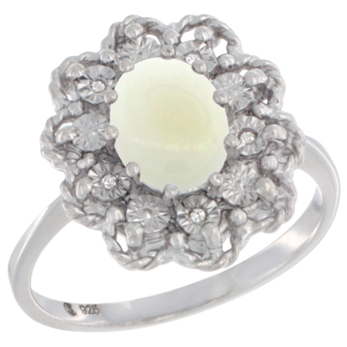 Sterling Silver Natural Opal Ring Oval 8x6, Diamond Accent,, sizes 5 - 10