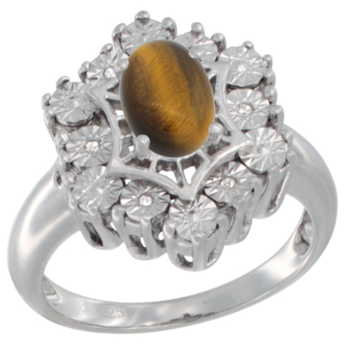 Sterling Silver Natural Tiger Eye Ring 7x5 Oval Illusion Diamonds Rhodium finish, sizes 5 - 10