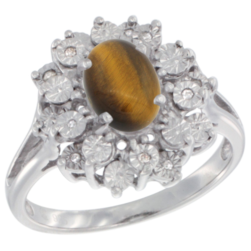 Sterling Silver Natural Tiger Eye Ring Oval 8x6, Diamond Accent, sizes 5 - 10