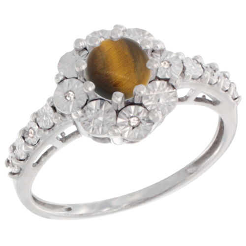 Sterling Silver Natural Tiger Eye Ring Round 5x5, Diamond Accent, sizes 5 - 10