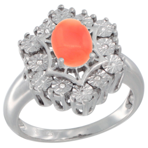 Sterling Silver Natural Coral Ring 7x5 Oval Illusion Diamonds Rhodium finish, sizes 5 - 10
