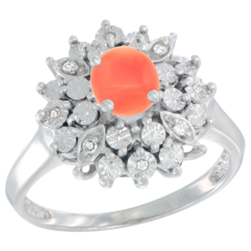 Sterling Silver Natural Coral Ring Oval 6x4, Diamond Accent, sizes 5 - 10
