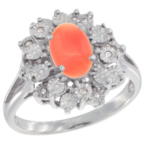 Sterling Silver Natural Coral Ring Oval 8x6, Diamond Accent, sizes 5 - 10