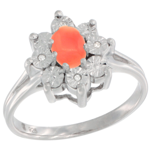 Sterling Silver Natural Coral Ring Oval 6x4, Diamond Accent, sizes 5 - 10