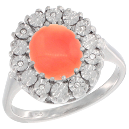 Sterling Silver Natural Coral Ring Oval 9x7, Diamond Accent, sizes 5 - 10