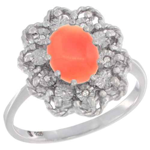 Sterling Silver Natural Coral Ring Oval 8x6, Diamond Accent,, sizes 5 - 10
