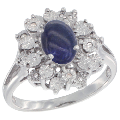 Sterling Silver Natural Lapis Ring Oval 8x6, Diamond Accent, sizes 5 - 10