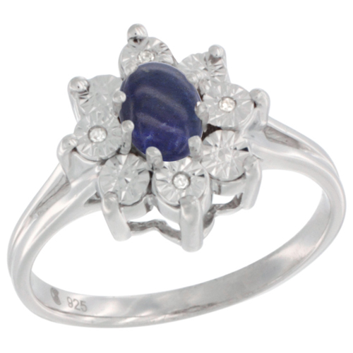 Sterling Silver Natural Lapis Ring Oval 6x4, Diamond Accent, sizes 5 - 10