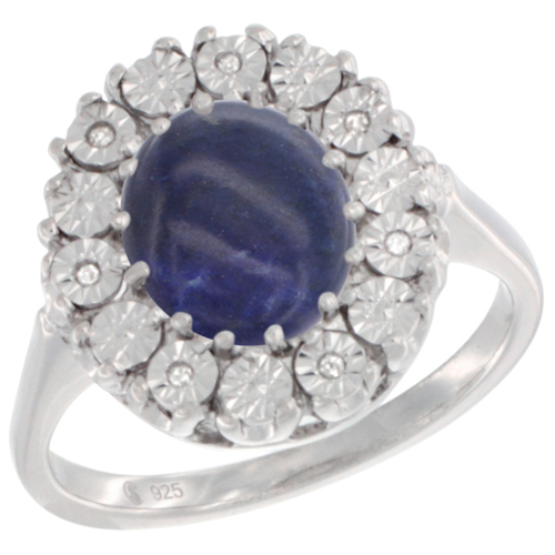 Sterling Silver Natural Lapis Ring Oval 9x7, Diamond Accent, sizes 5 - 10
