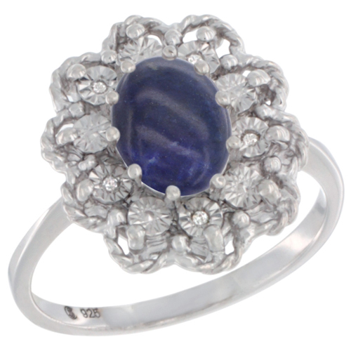 Sterling Silver Natural Lapis Ring Oval 8x6, Diamond Accent,, sizes 5 - 10
