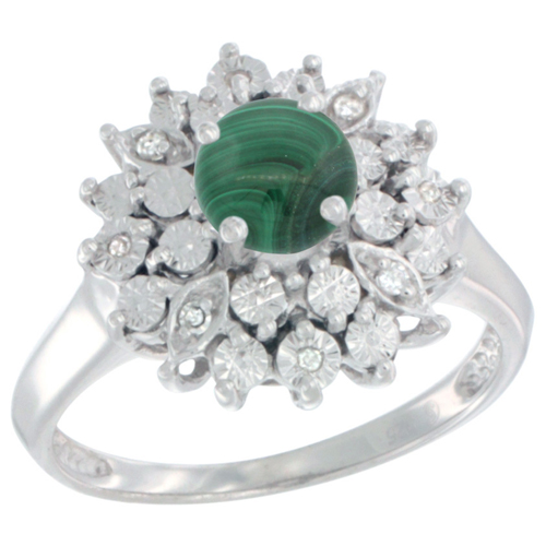Sterling Silver Natural Malachite Ring Oval 6x4, Diamond Accent, sizes 5 - 10