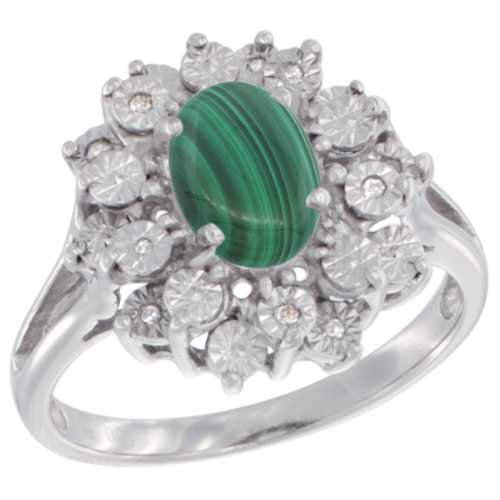Sterling Silver Natural Malachite Ring Oval 8x6, Diamond Accent, sizes 5 - 10
