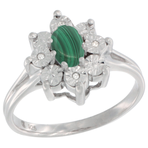 Sterling Silver Natural Malachite Ring Oval 6x4, Diamond Accent, sizes 5 - 10