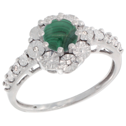 Sterling Silver Natural Malachite Ring Round 5x5, Diamond Accent, sizes 5 - 10