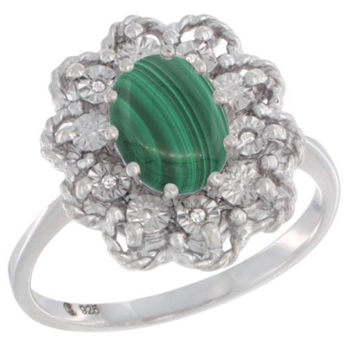 Sterling Silver Natural Malachite Ring Oval 8x6, Diamond Accent,, sizes 5 - 10