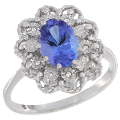 Sterling Silver Natural Tanzanite Ring Oval 8x6, Diamond Accent,, sizes 5 - 10