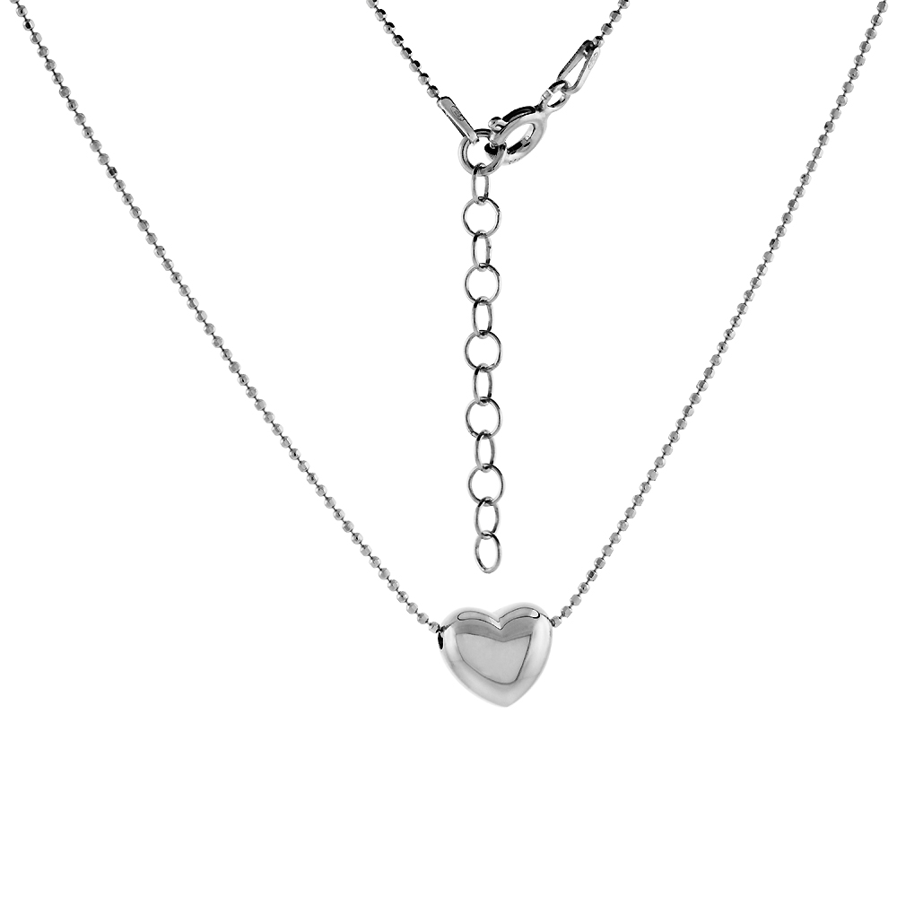Sterling Silver Dainty Heart Bead Necklace Rhodium Finish Engravable Italy, 16-18 inch