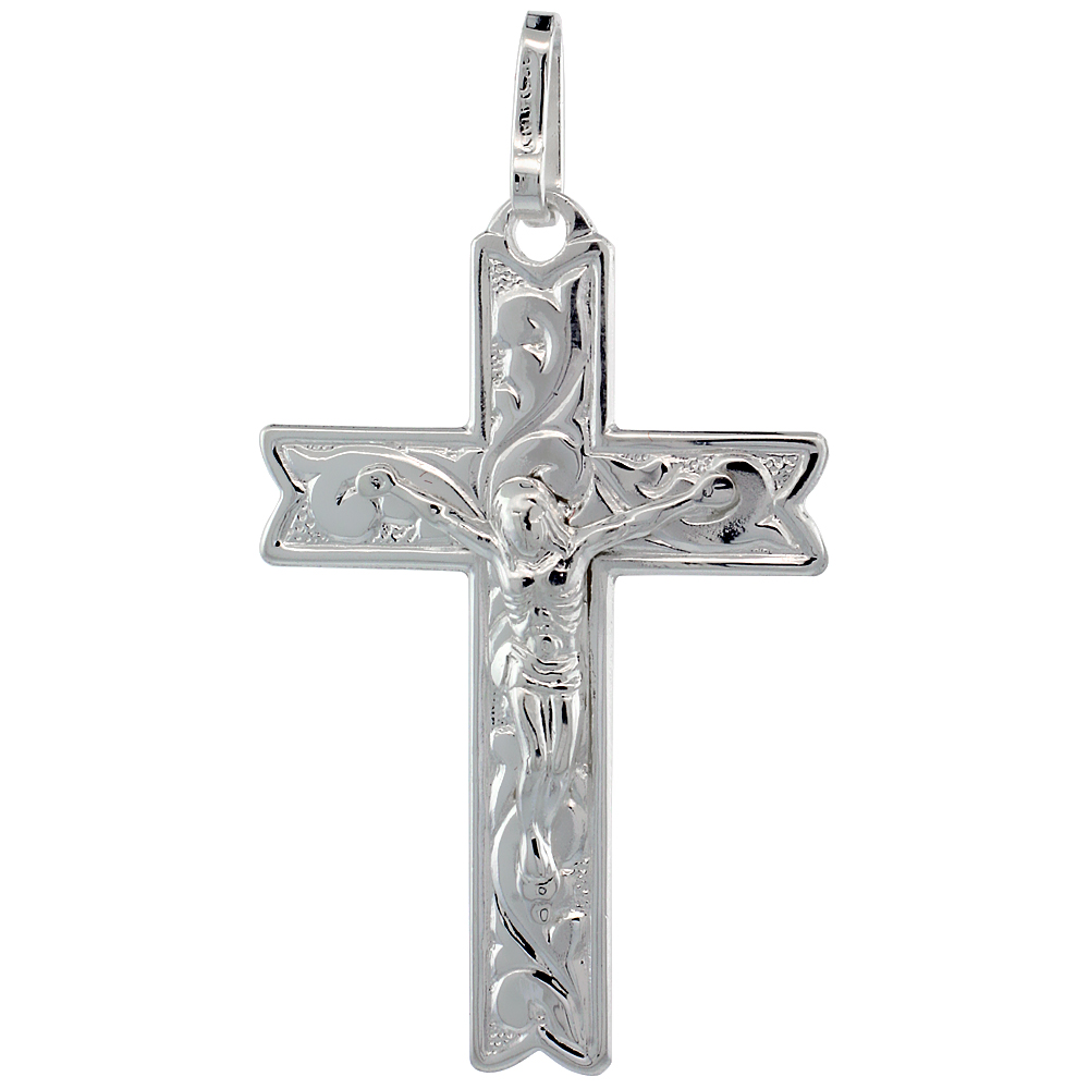 Sterling Silver Crucifix Pendant Floral Vine Pattern 1 1/2 inch high with No Chain Included