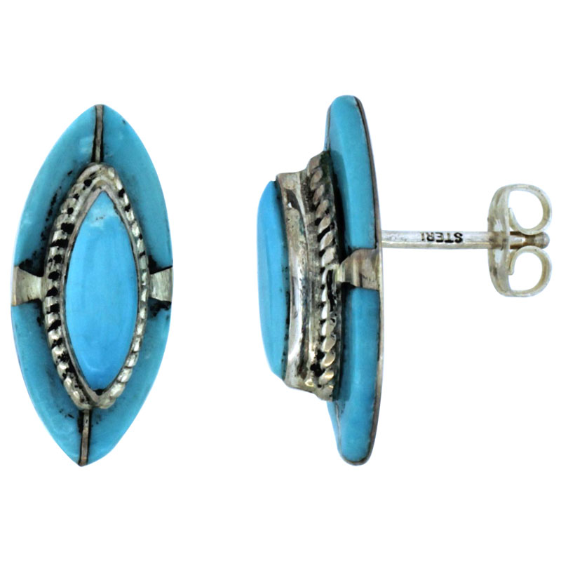 Sterling Silver Handcrafted Blue Turquoise Marquise Stud Earrings (Genuine Zuni Tribe American Indian Jewelry) 11/16 in. (18 mm) tall