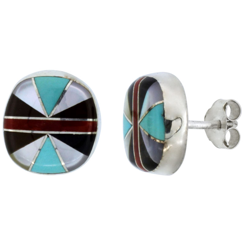 Sterling Silver Handcrafted Multi Color Round Stud Earrings (Genuine Zuni Tribe American Indian Jewelry) 7/16 in. (11 mm)