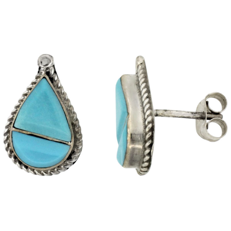 Sterling Silver Handcrafted Blue Turquoise Teardrop Stud Earrings (Genuine Zuni Tribe American Indian Jewelry) 9/16 in. (15 mm) tall