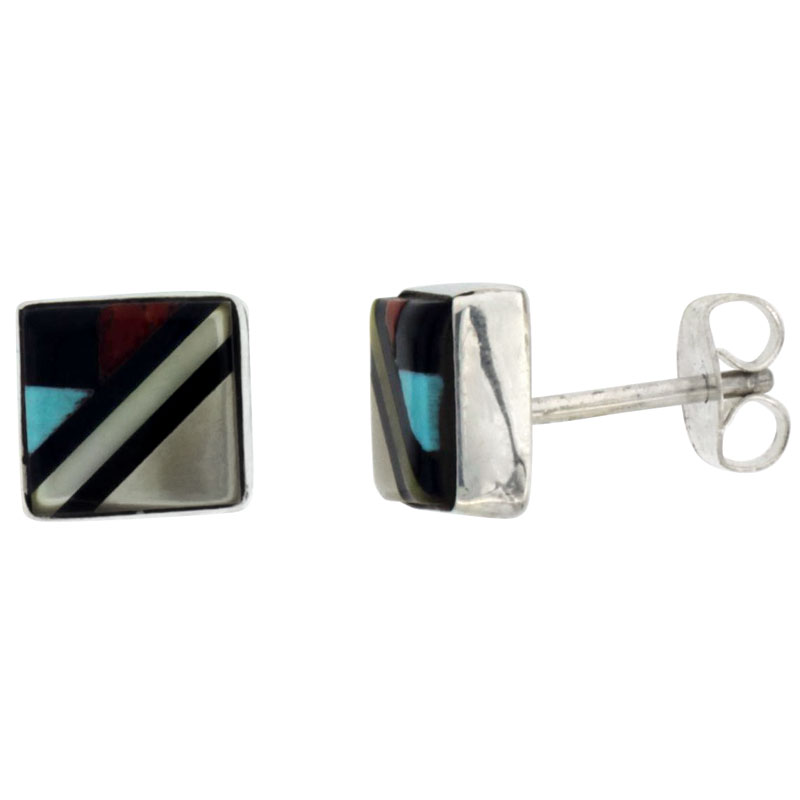 Sterling Silver Handcrafted Multi Color Square Stud Earrings (Genuine Zuni Tribe American Indian Jewelry) 5/16 in. (8 mm)