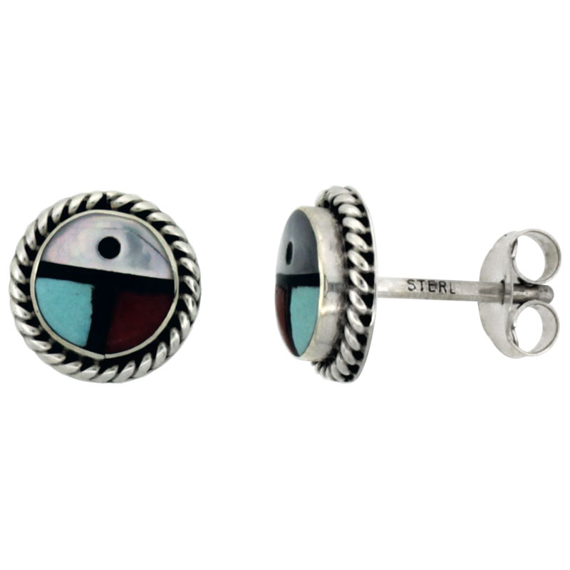 Sterling Silver Handcrafted Multi Color Round Stud Earrings (Genuine Zuni Tribe American Indian Jewelry) w/ Rope Edge Design 5/1