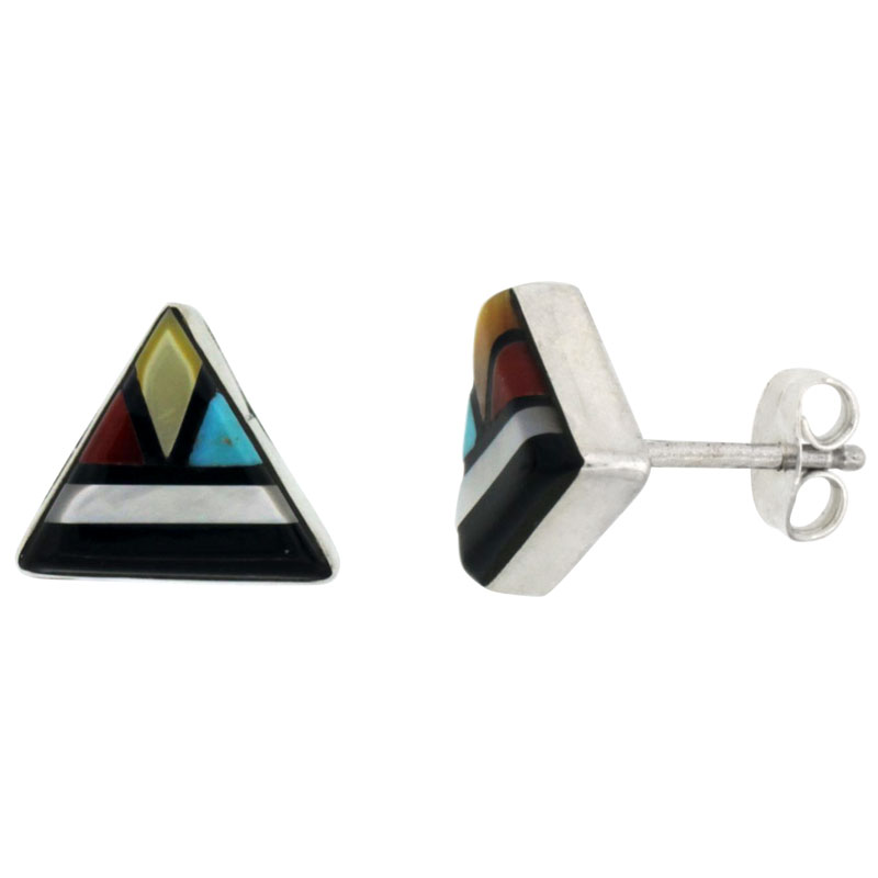 Sterling Silver Handcrafted Multi Color Triangle Stud Earrings (Genuine Zuni Tribe American Indian Jewelry) 3/8 in. (10 mm)