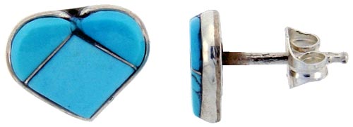 Sterling Silver Handcrafted Blue Turquoise Stud Earrings (Genuine Zuni Tribe American Indian Jewelry) 1 in. (25 mm)