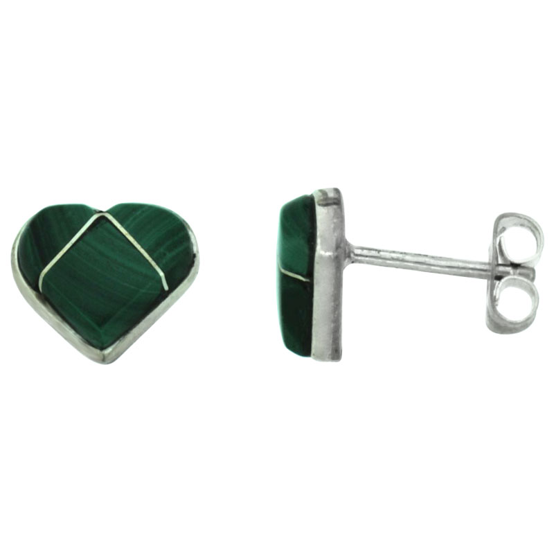 Sterling Silver Handcrafted Green Malachite Heart Stud Earrings (Genuine Zuni Tribe American Indian Jewelry) 5/16 in. (8 mm)
