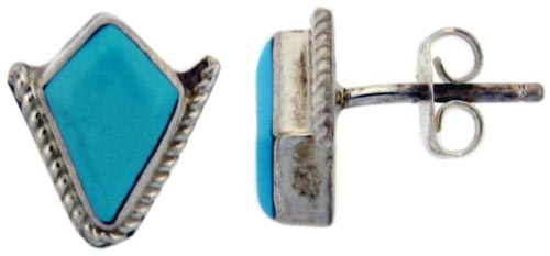 Sterling Silver Handcrafted Blue Turquoise Diamond-shaped Stud Earrings (Genuine Zuni Tribe American Indian Jewelry) 3/8 in. (10 mm) tall