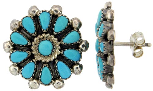 Sterling Silver Handcrafted Blue Turquoise Stud Earrings (Genuine Zuni Tribe American Indian Jewelry) 1 in. (25 mm)