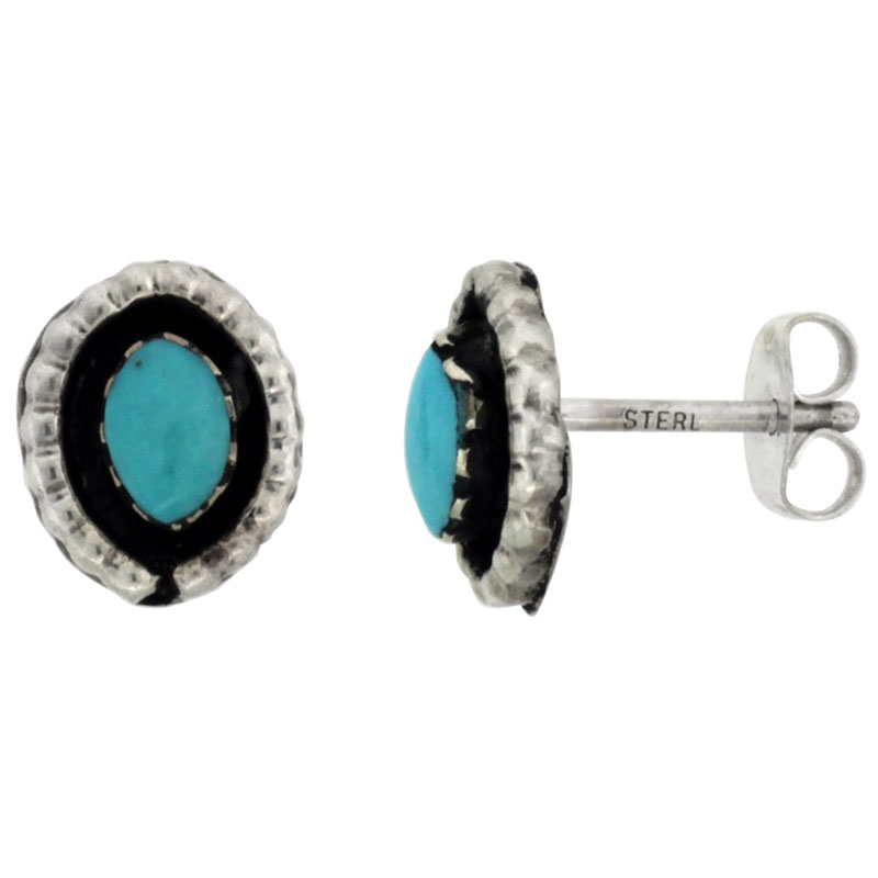 Sterling Silver Handcrafted Blue Turquoise Oval Stud Earrings (Genuine Zuni Tribe American Indian Jewelry) 3/8 in. (10 mm)