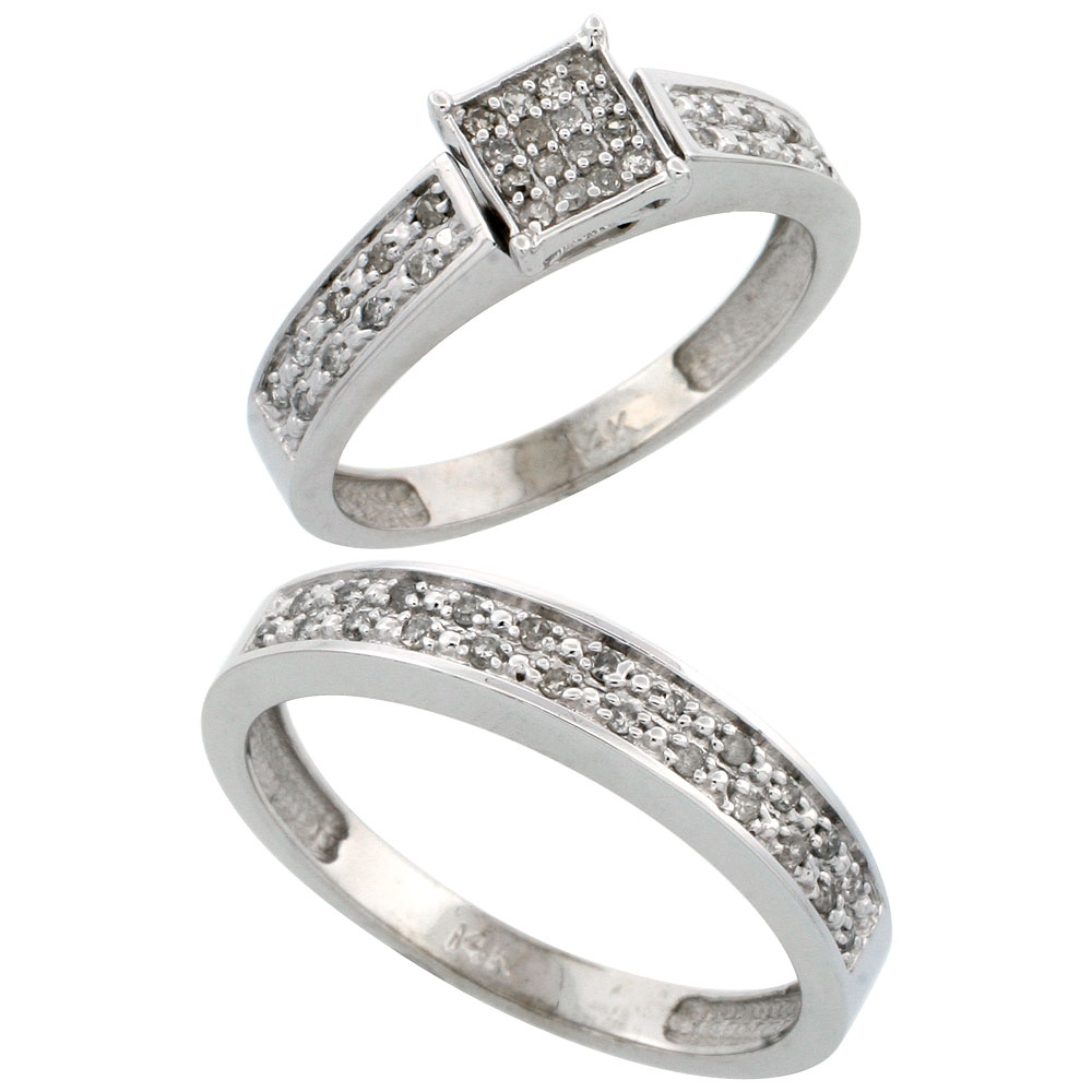 14k White Gold 2-Piece Diamond Ring Set ( Engagement Ring & Man's Wedding Band ), w/ 0.24 Carat Brilliant Cut Diamonds, 5/32 in. (4mm) wide