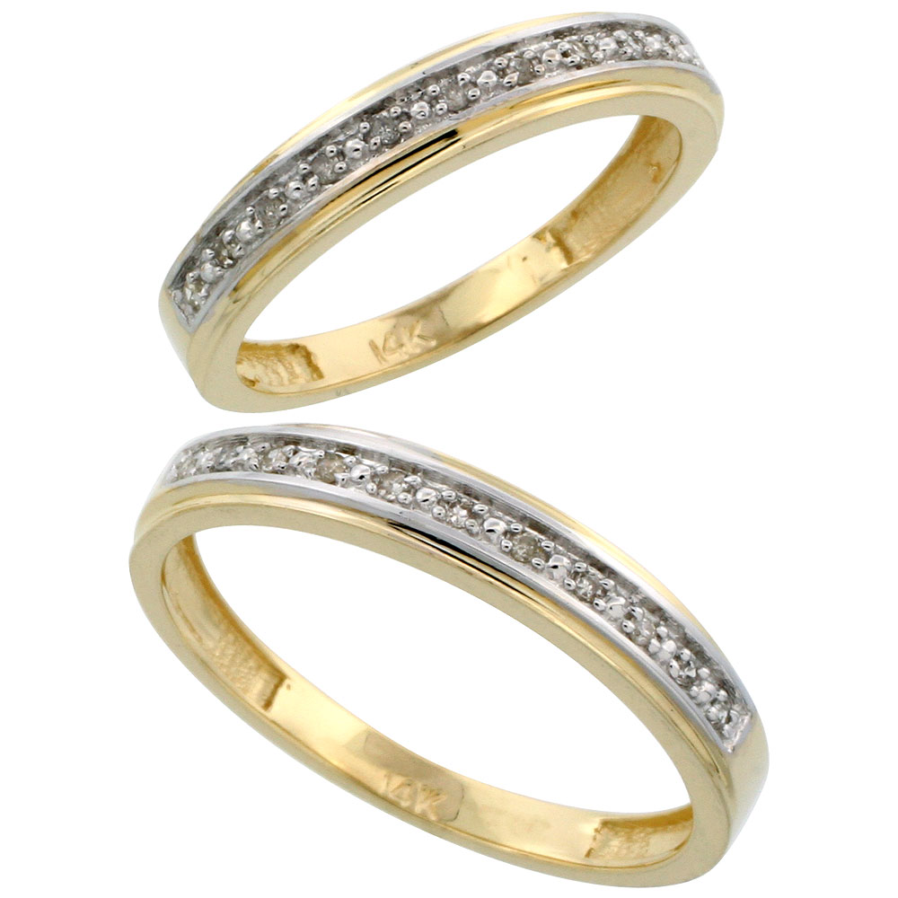 14k Gold 2-Piece His (4mm) & Hers (4mm) Diamond Wedding Band Set, w/ 0.16 Carat Brilliant Cut Diamonds; (Ladies Size 5 to10; Men's Size 8 to 14)