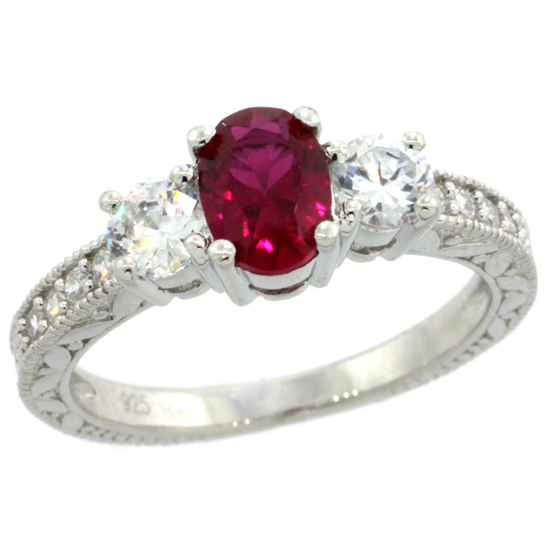Sterling Silver Ruby Cubic Zirconia Engagement Ring 3-stone 3/4 ct Oval cntr 1/4 ct Sides, sizes 6-9