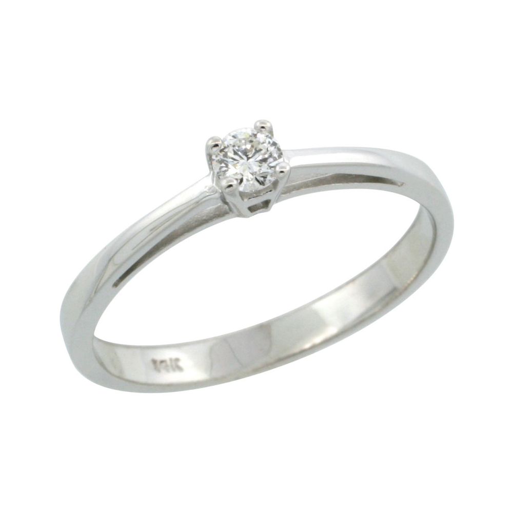 14k White Gold (3mm Stone) Solitaire Engagement Diamond Ring w/ 0.10 Carat Brilliant Cut Diamond (Color:G-H; Clarity:SI1-VS1), 3/32 in. (2mm) wide