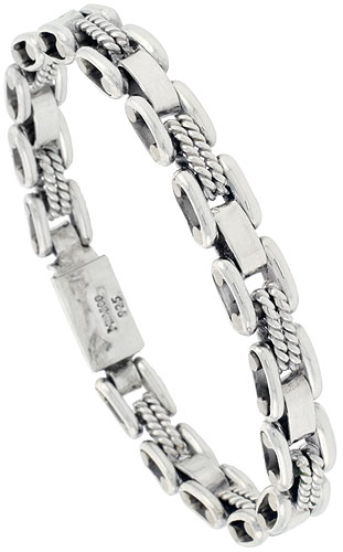 Sterling Silver Rope & Bar Link Bracelet 11/30 inch wide, sizes 8, 8.5 & 9 inch