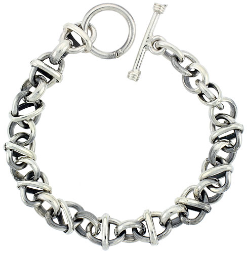 Sterling Silver Round & Oval Rolo Link Bracelet Toggle Clasp Handmade 3/8 inch wide, sizes 8, 8.5 & 9 inch 